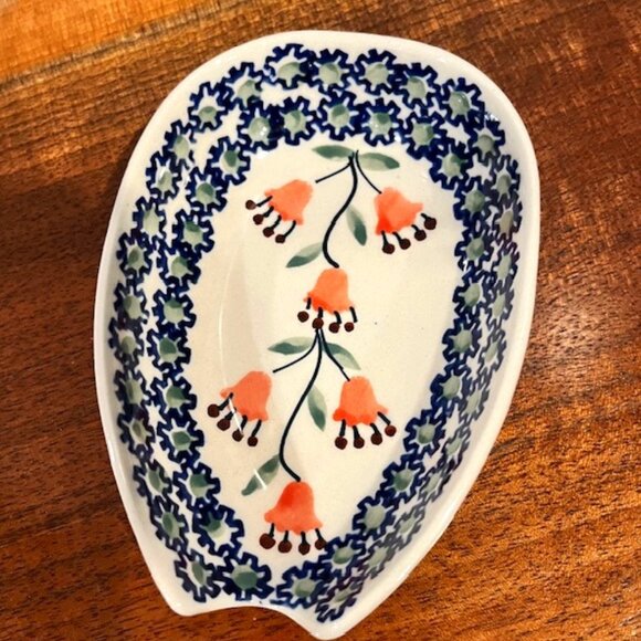 Ceramika Polish Pottery Spoon Rest Orange Poppy Flowers Hand Made - Picture 2 of 5